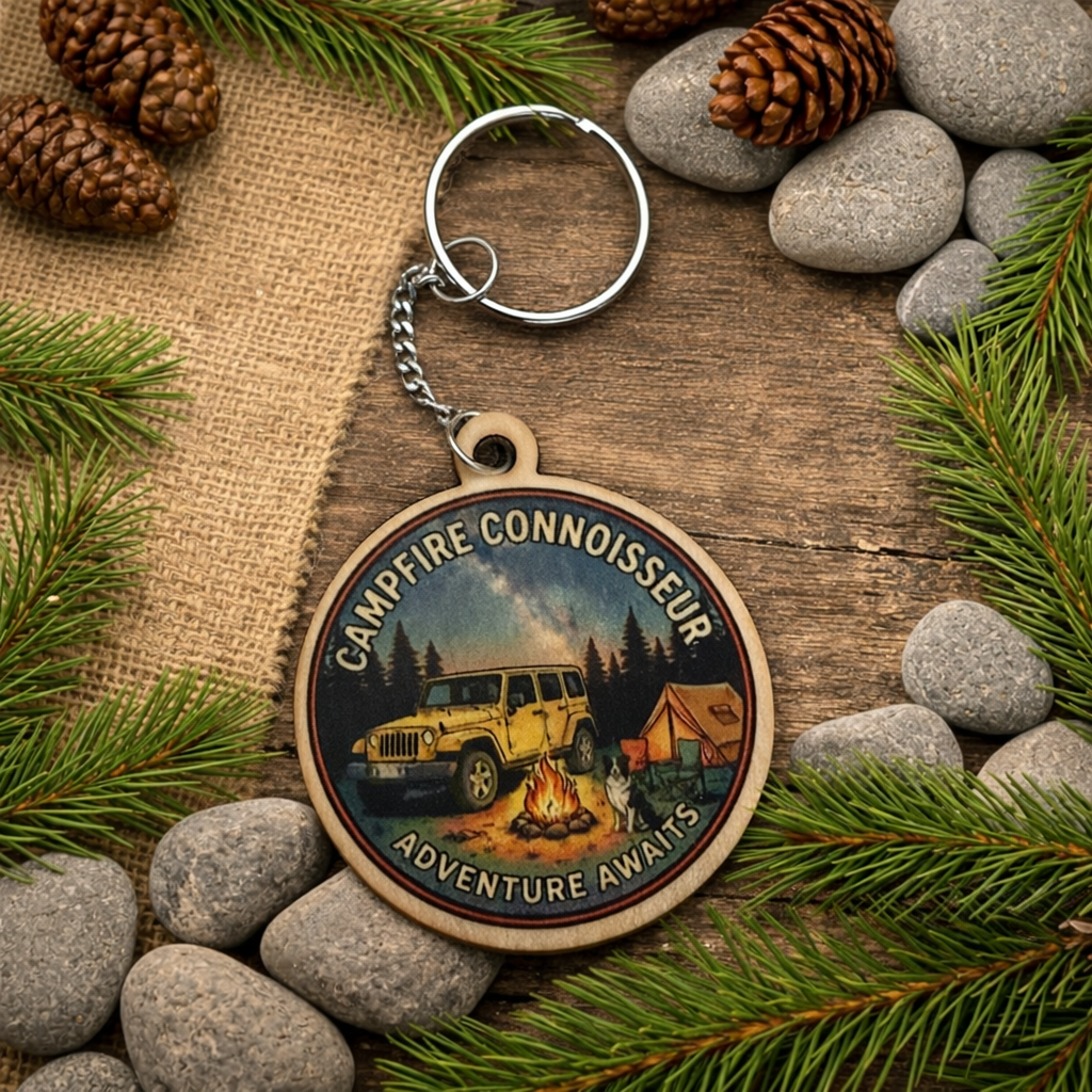 Campfire Connoisseur Keychain with custom text