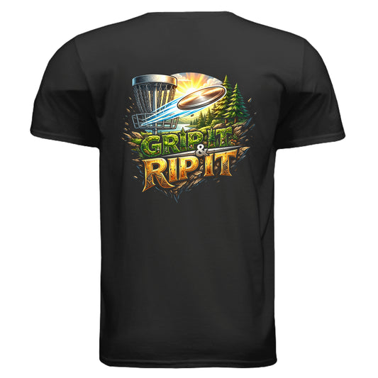 Black t-shirt with 'Grip It & Rip It' graphic on the back, featuring a disc golf theme.