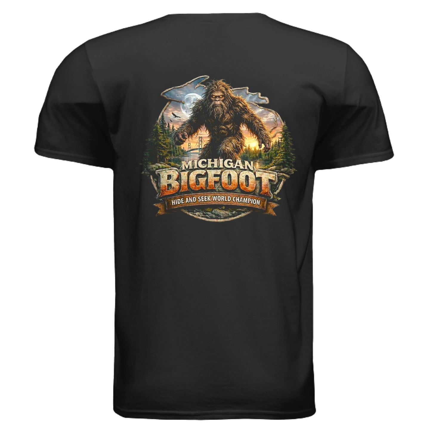Black t-shirt with 'Michigan Bigfoot' graphic on a white background