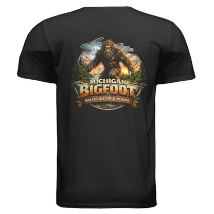Black t-shirt with 'Michigan Bigfoot' graphic on a white background