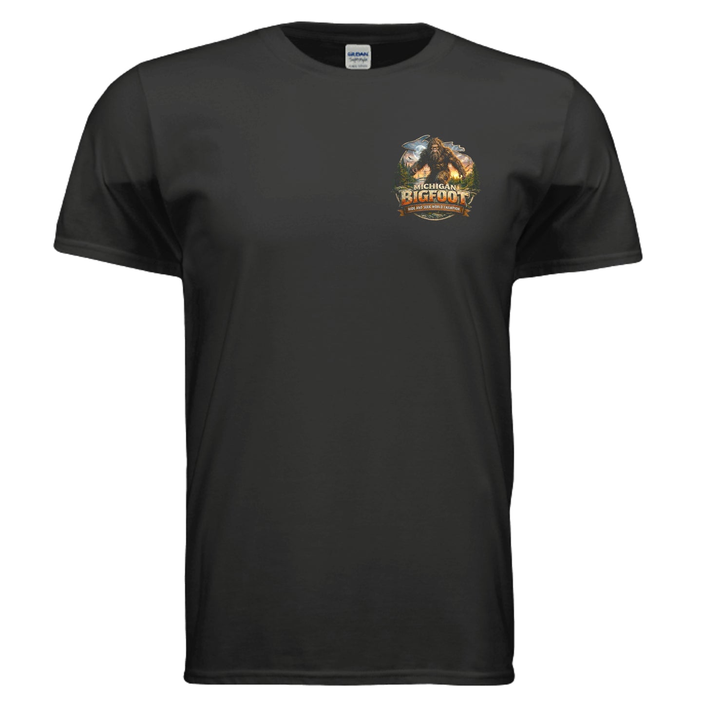 Black t-shirt with a graphic design on the chest against a white background